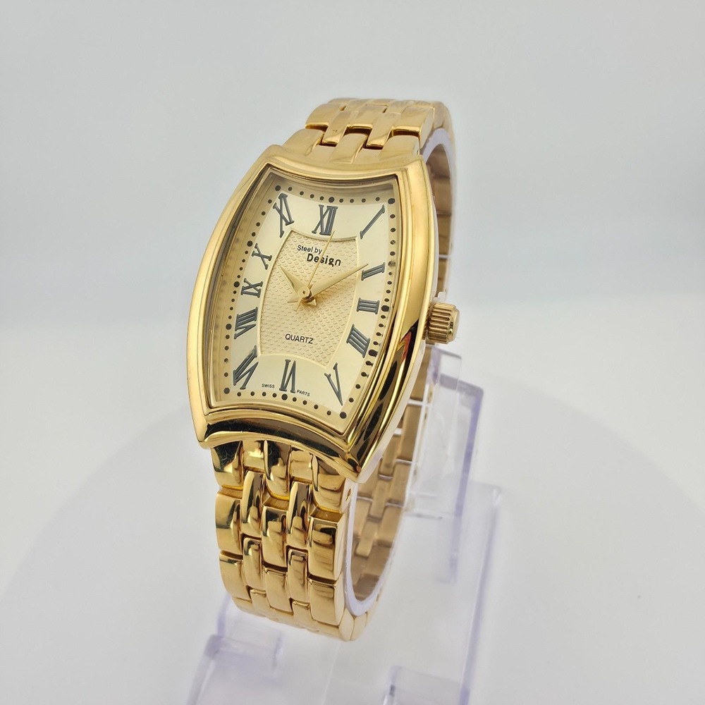 Vtg STEEL BY DESIGN Ladies Watch Swiss Parts Movment Link Bracelet Gold Tone 7"